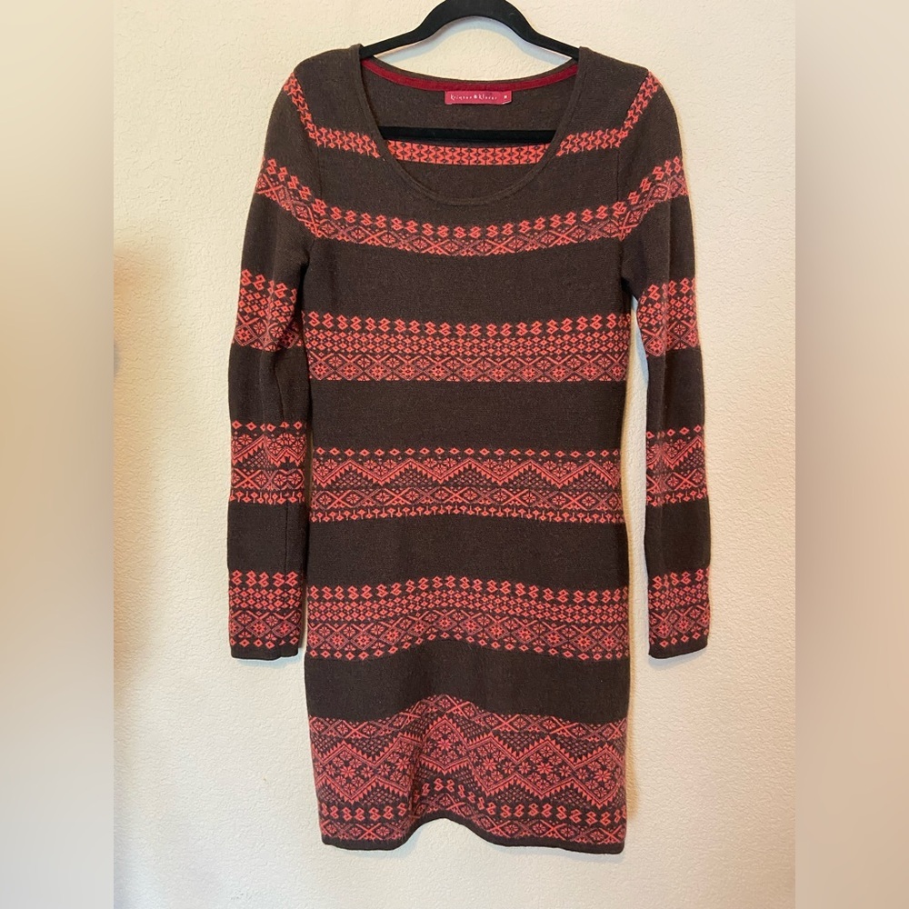 Krimson Klover Fair Isle Sweater Dress M Brown coral 100% Wool Knit Nordic Cozy